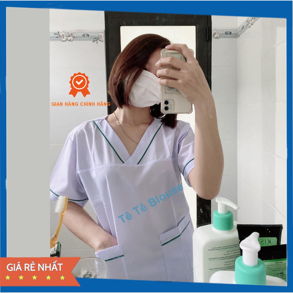Bộ Quần Áo Blouse cổ tim viền XANH LÁ - NỮ, bộ SCRUBS cho điều dưỡng, dược sỹ, y tá vải Lon mỏng mát không lộ khi mặc