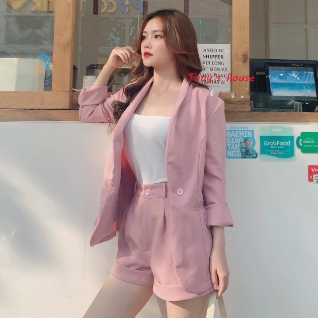 Bộ Đồ Vest Nữ Blazer Công Sở Hàn Quốc - Set Vest Nữ Gồm Áo Khoác + Quần Ngắn + Áo Thun