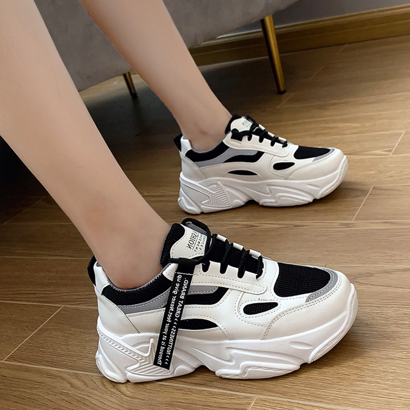 Giày thể thao nữ Fa gót mũi tên có 2 màu trắng & trắng đen da phối vải đế độn giày ulzzang hàn quốc đẹp rẻ hot 2020
