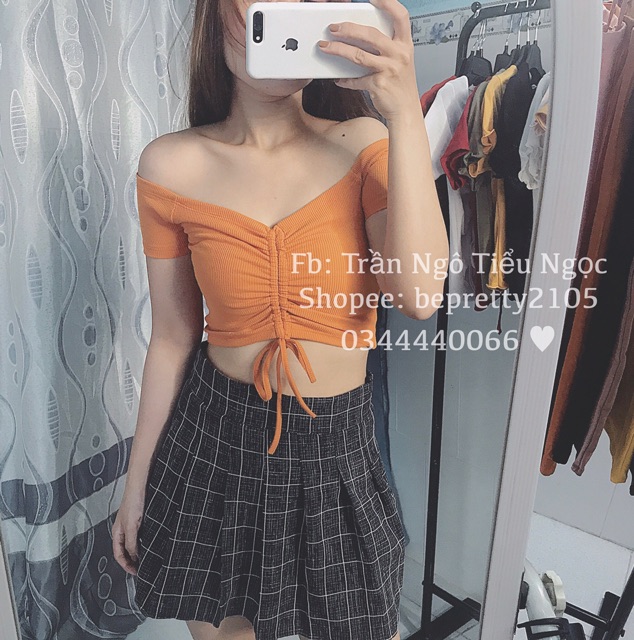 Áo croptop bẹt vai dây rút tay ngắn | BigBuy360 - bigbuy360.vn