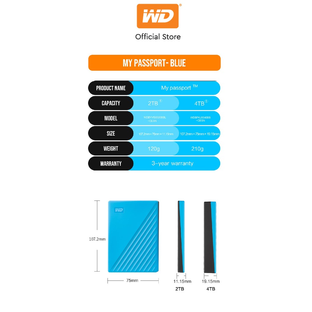 [Mã ELCL12 giảm 9% đơn 300K] Ổ cứng di động Western Digital WD My Passport 2.5'' USB 3.2 4TB Xanh - WDBPKJ0040BBL