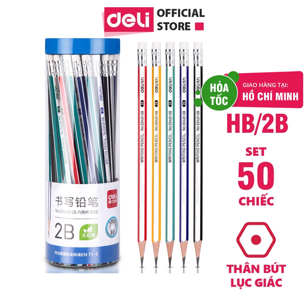 Bộ 50 bút chì gỗ tự nhiên HB/2B có đầu tẩy Deli - tặng kèm tẩy và gọt dễ chuốt, an toàn và nhạy với máy chấm thi 33433