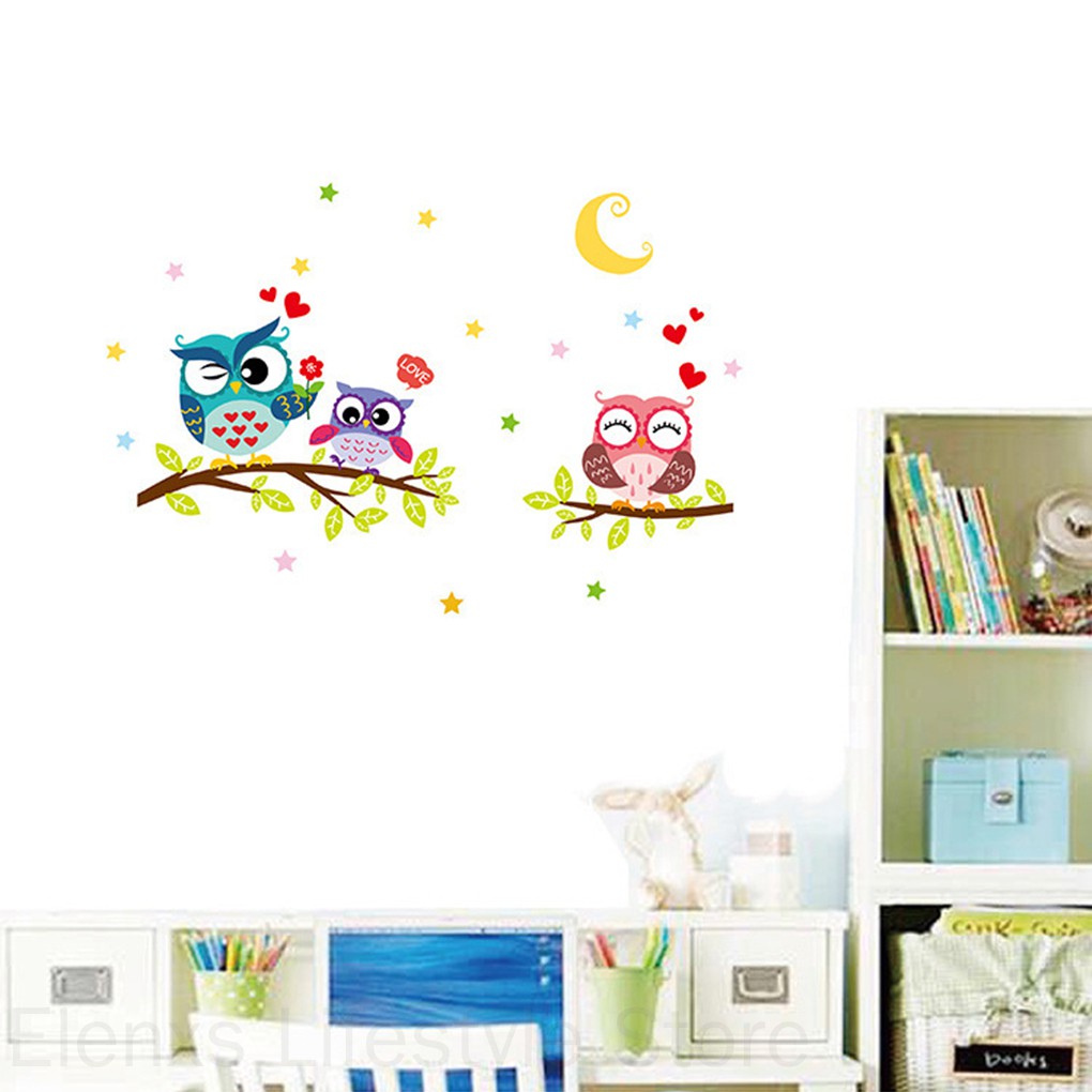 Sticker Dán Tường Họa Tiết Hình Con Cú Và Cái Cây Theo Phong Cách Hoạt Hình Dùng Trang Trí Phòng Trẻ
