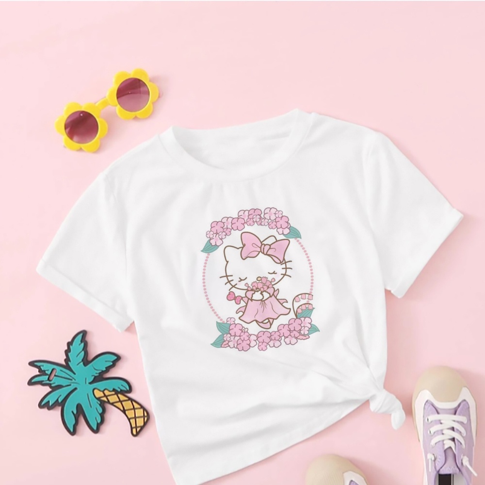 Áo Thun Vải Mềm Thoải Mái In Hình Mèo kitty Dễ Thương Cho Bé Gái