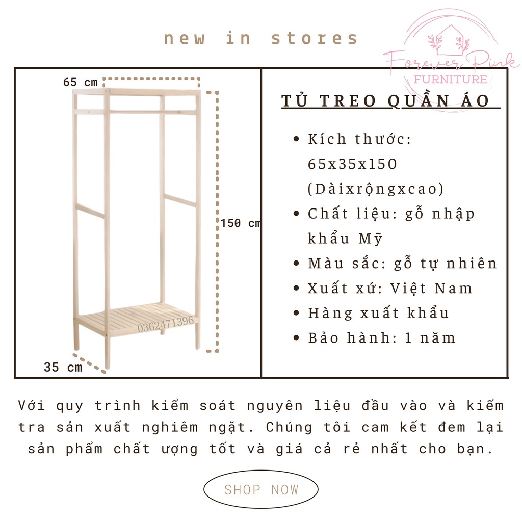 Tủ Treo Quần Áo Gỗ Thông Đơn Hàn Quốc - Kệ Gỗ Nhập Khẩu Mỹ