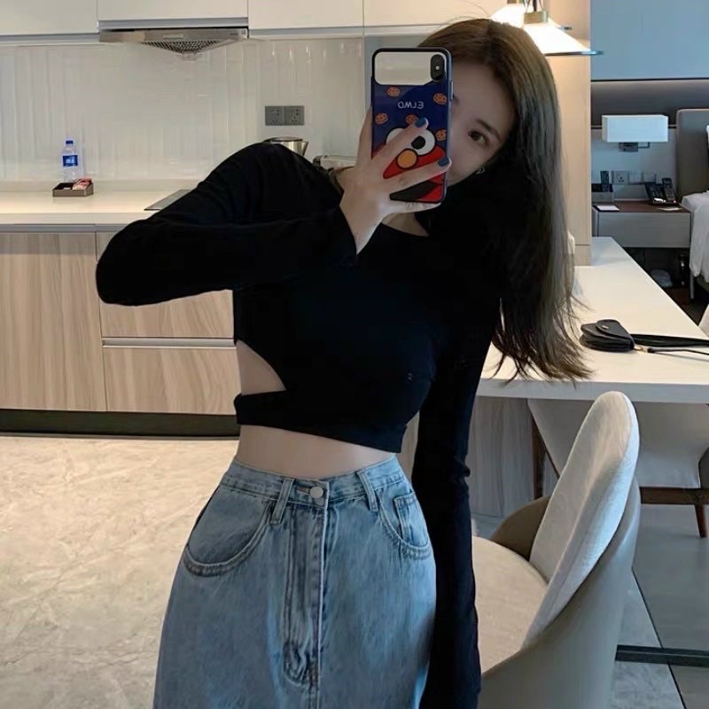 ÁO KIỂU NỮ KHOÉT EO TAY DÀI CỔ TRÒN DÁNG CROPTOP, Chizishop
