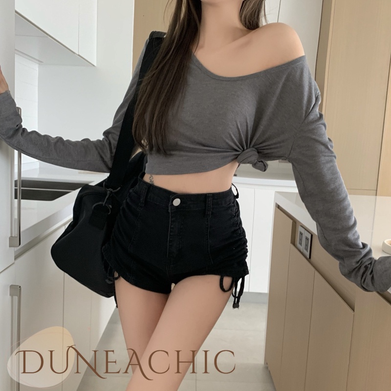 DUNEA Quần Short Denim Lưng Cao Dáng Chữ A Phối Dây Rút Gợi Cảm Dành Cho Nữ