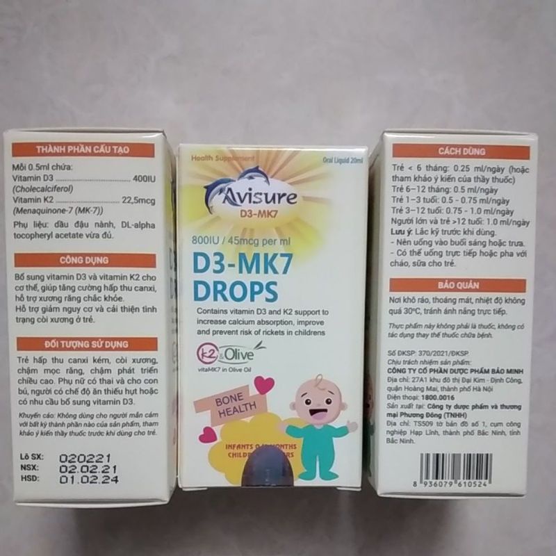 Avisure D3 - MK7 DROPS - D3MK7 - Bổ sung D3 và K2 tăng hấp thu canxi, giúp trẻ ngủ ngon, cao lớn hơn