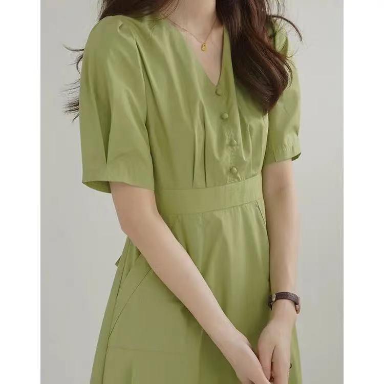 Đầm Midi Dáng Chữ A Tay Ngắn Cổ Chữ V Màu Xanh Lá Phong Cách Retro