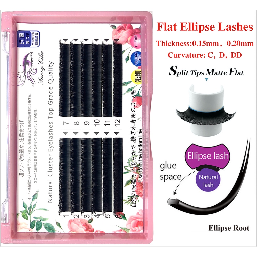 Không khí phẳng Ellipse Ghép lông mi Mờ Màu đen mờ Curl C D DD Độ dày 0,15mm Cảm giác không chạm Màu đen mềm mại tự nhiên Cá nhân Đôi Mẹo nhỏ Mở rộng lông mi phẳng