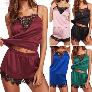 Ladies Women's Sleepwear set Shiny Pajama Nightwear Sleeveless Sexy Casual Solid Lace Summer Ladies Lingerie Women's