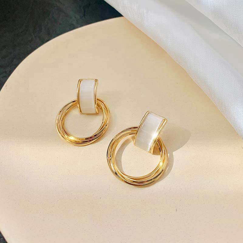 XiaoboACC Bông Tai Màu Vàng Chốt Bạc S925 Dạng Tròn Đính Đá Opal Nhân Tạo Phong Cách Hàn Quốc