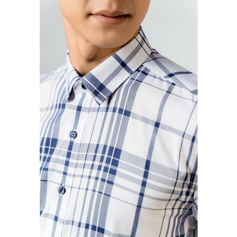 Áo sơ mi nam dài tay OWEN AR23385D somi công sở vải sợi tre cao cấp màu trắng kẻ caro navy dáng suông tà lượn không túi