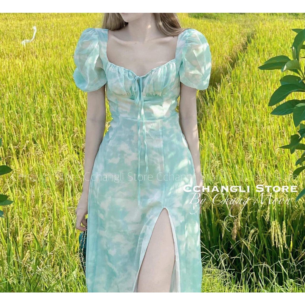 Váy xanh loang nơ ngực, chết mềm mát, phong cách hàn quốc