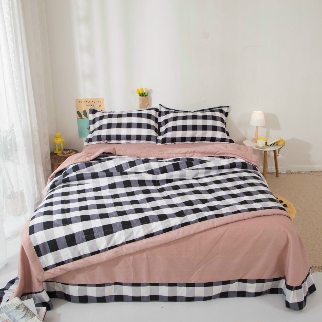 (HÀNG MỚI- Chất Đẹp ) Bộ Chăn Ga Gối Cotton Đũi✨ m6/m8/2m - Full size Tiệm Nhà Mêu✨ 2 Vỏ gối ,drap ,chăn chần Basic Caro | BigBuy360 - bigbuy360.vn