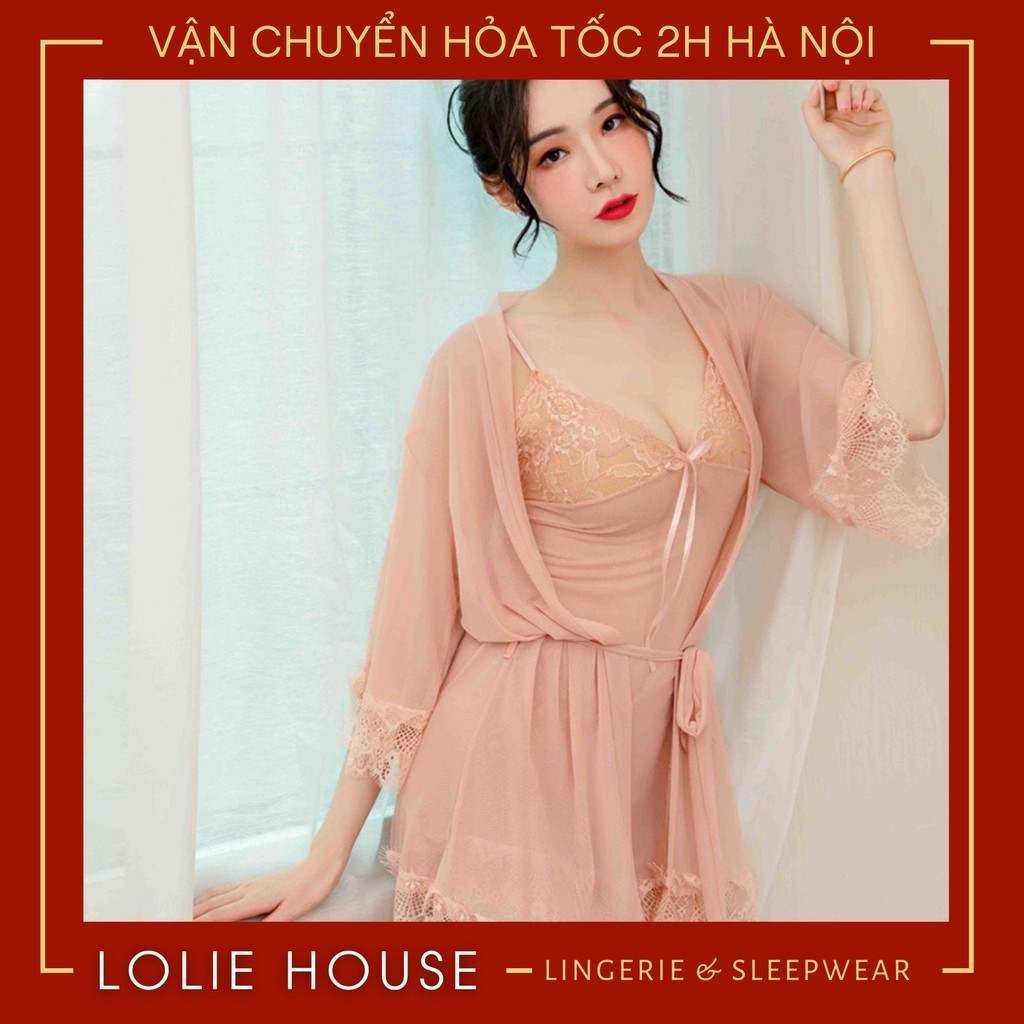 Váy ngủ sexy - Đầm ngủ sexy ren voan mỏng có kèm áo choàng thắt dây LOLIE HOUSE - VN2