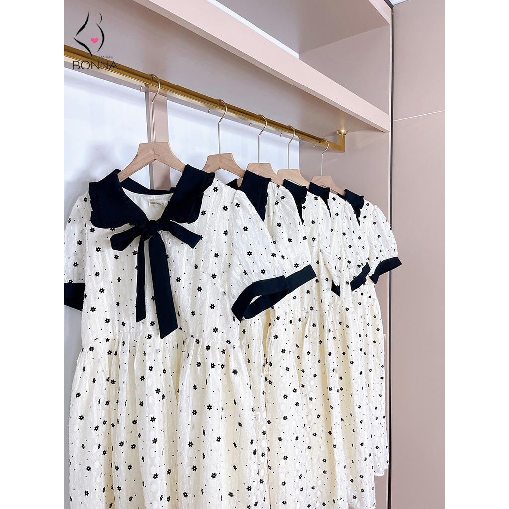 Đầm bầu babydoll BONNA  chất liệu voan tơ dập hoa nhung mềm mại, làm váy bầu công sở, váy bầu xinh mặc đi chơi VS021