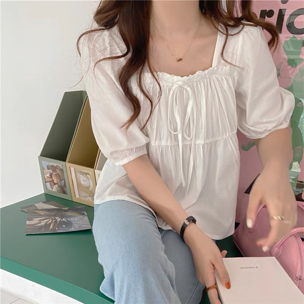 [Chakovet] Áo sơ mi nữ cộc tay cổ vuông A850, áo kiểu nữ babydoll xếp ly eo chun nơ dây trước ngực tiểu thư đẹp cá tính