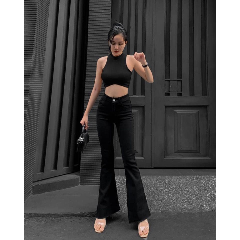 Quần jeans nữ ống loe màu đen, Quần ống bát đen dáng dài cạp cao phong cách Ulzzang Hàn xu hướng thời trang cá tính