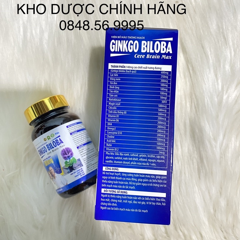 BỔ NÃO THÔNG MẠCH Ginkgo Biloba 600mg Cere Brain Max hộp 60 viên -Hoạt huyết dưỡng não, giảm hoa mắt, mất ngủ, tiền đình