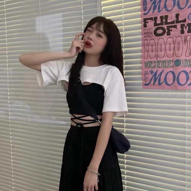 Set 2 áo gồm 1 áo croptop và 1 áo yếm đan dây eo bên trong | BigBuy360 - bigbuy360.vn
