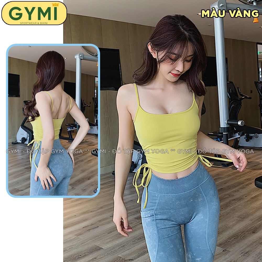 Áo bra tập gym yoga nữ GYMI AL04 dáng croptop 2 dây thể thao chất thun poly lạnh kèm dây rút nâng đỡ ngực