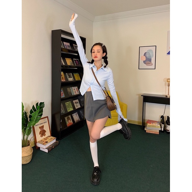 Urihouse - Áo sơ mi dài tay loe dáng ôm kẻ ô caro trắng xanh patel dáng lửng