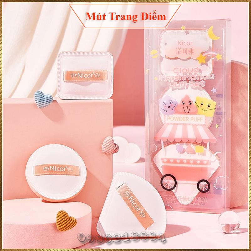 Bộ 3 mút trang điểm Nicor Powder Puff Set sử dụng tán kem nền cushion siêu mịn NY8851