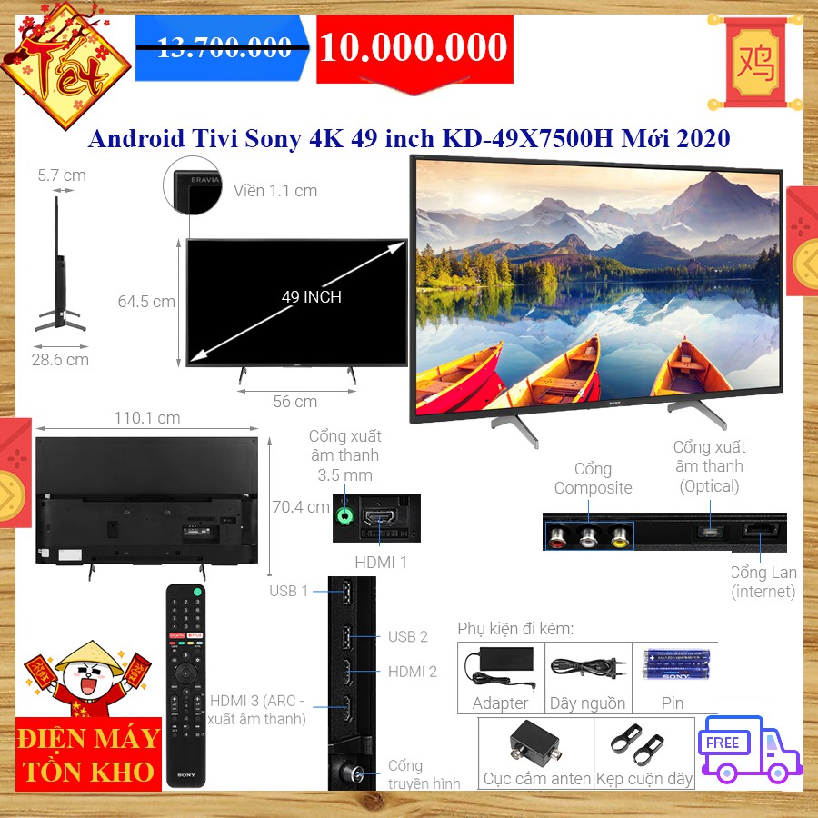 Android Tivi Sony 4K 49 inch KD-49X7500H Mới 2020