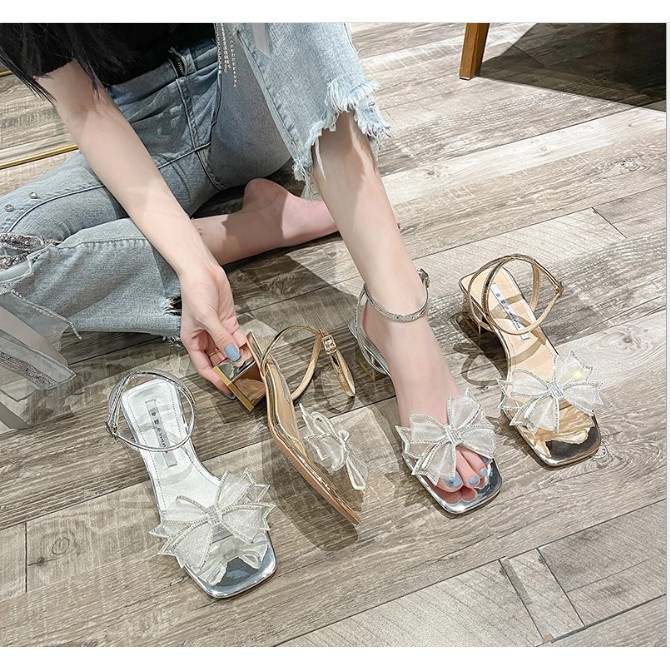 Giày Sandal Nữ Quai Trong Đính Nơ Đá Ren Công Chúa Lấp Lánh Sang Trọng Gót Vuông Da Bóng Cao 5cm