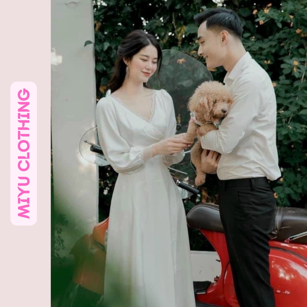 Váy cưới cô dâu đi bàn đơn giản đẹp đầm nữ dự tiệc trắng dài phối ren maxi tay dài chất liệu lụa Pháp MIYU CLOTHING
