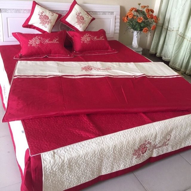 Bộ chăn ga gối phủ trần bông 7 món satin