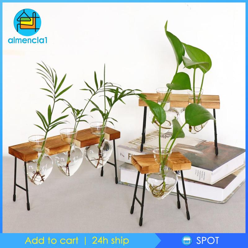 Giá đỡ gỗ giữ 3 chậu hoa thủy tinh ống nghiệm trồng cây thủy sinh ALMENCLA1