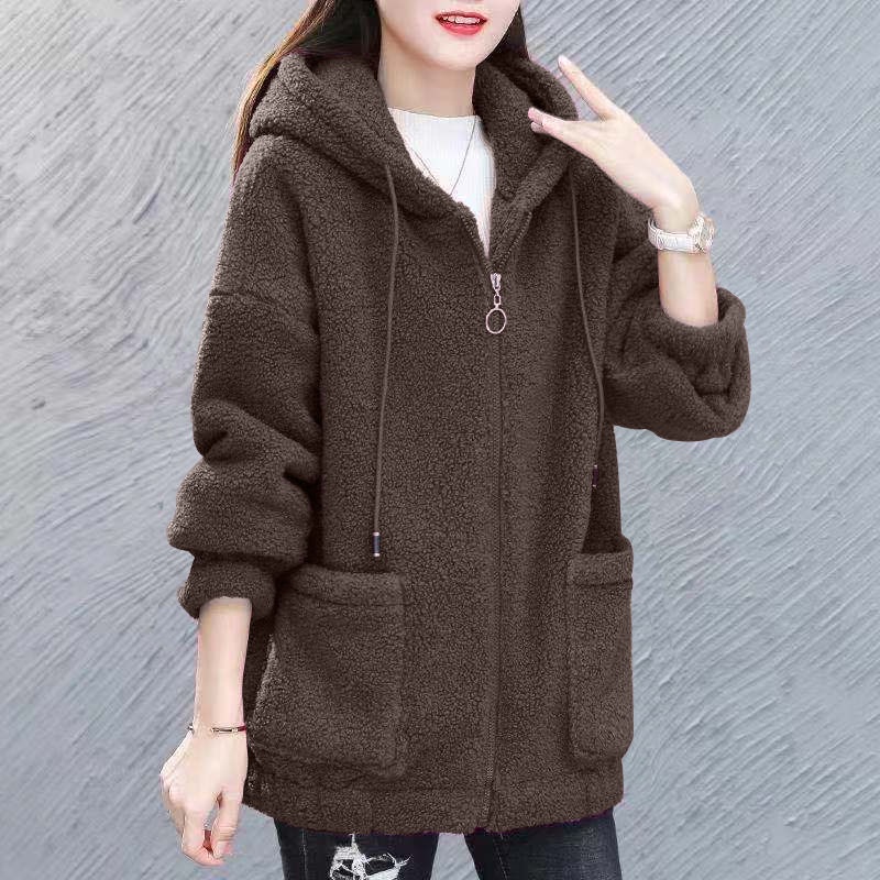Hàng Có Sẵn Áo Khoác Cardigan Lông Cừu Nhân Tạo Dày Dáng Rộng Có Khóa Kéo Phong Cách Hàn Quốc Dễ Phối Đồ Mùa Thu Đông Mới