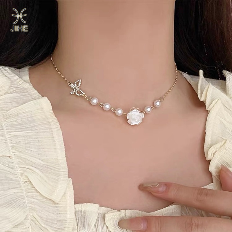 【JIHE】Vòng cổ Mặt Hoa Hồng Đính Ngọc Trai Thời Trang
