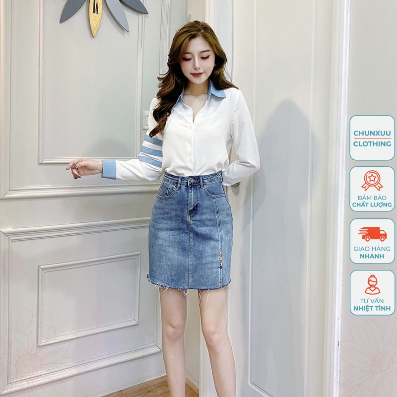 Áo sơ mi nữ trắng dài tay Chunxuu thiết kế tay phối sọc màu thanh lịch thời trang - SP39