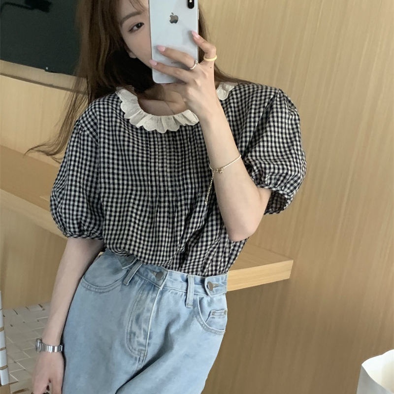 Áo Sơ Mi Tay Phồng Dáng Rộng Kẻ Sọc Ca Rô Dễ Thương