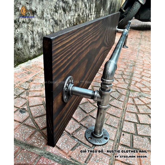 Giá Treo Quần Áo - Kệ Gắn Tường Ống Nước Sắt Rustic Clothes Rail cổ điển Gỗ Thông Tự Nhiên Nhập Khẩu Newzealand