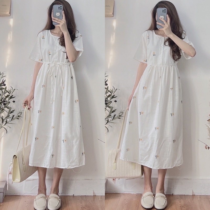 [Ảnh thật/Video] Đầm babydoll cúc trước hoạ tiết hoa nhí nhẹ nhàng phong cách ulzzang Váy hoa thêu xinh