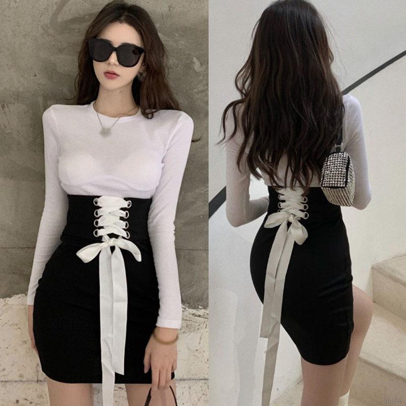 Set áo tay dài cổ tròn và váy bó buộc dây gợi cảm cho nữ