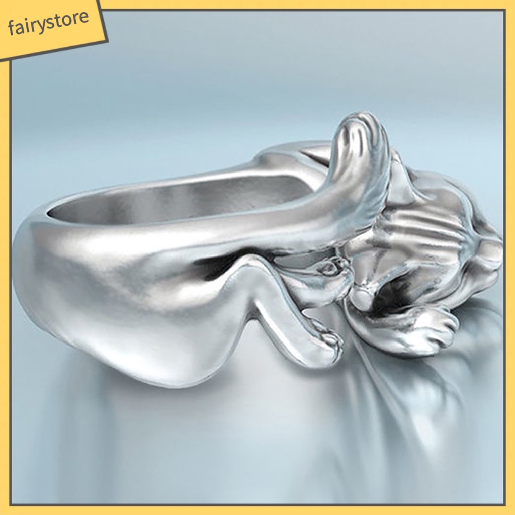 Nhẫn Hở Mạ Bạc Hình Mèo Ngủ Phong Cách Vintage