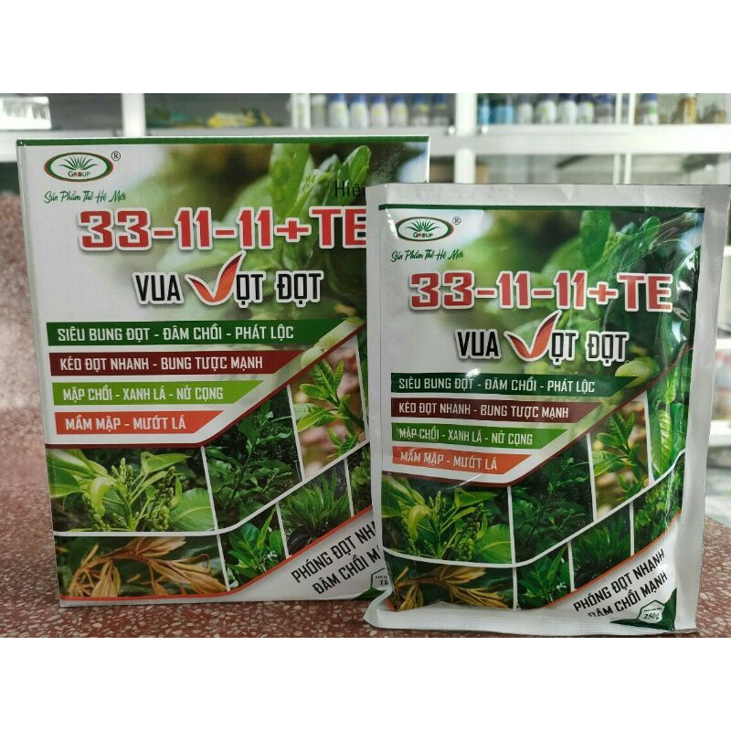 Phân bón lá npk 33-11-11+te gói 250gr và hộp 1kg siêu vọt đọt tạo đọt phát lộc đầm chồi phóng đọt mạnh