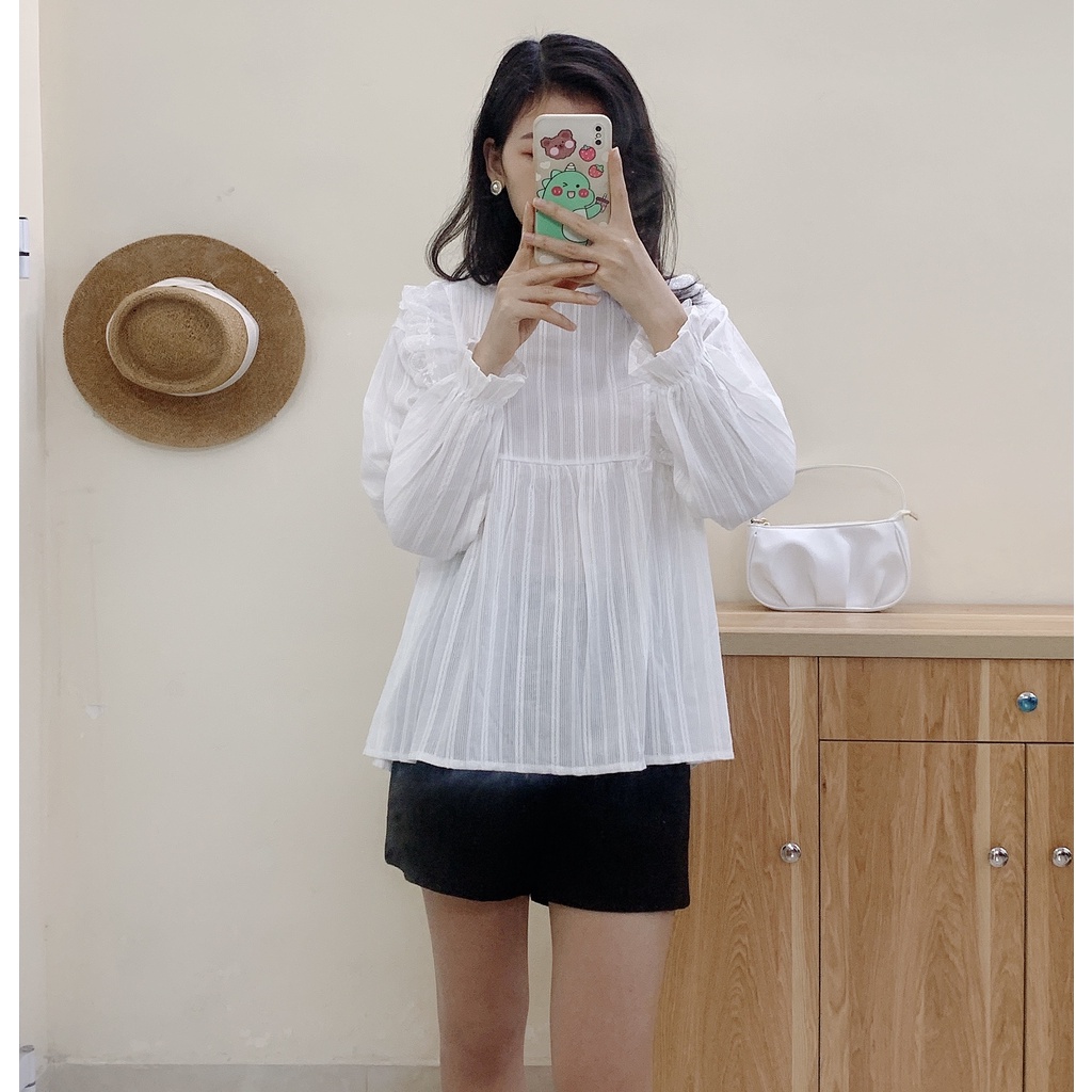 Áo Sơ Mi Dài Tay Dáng Babydoll - Tay Bo Chun, Phối Ren 2 bên cổ tròn xinh xắn A088