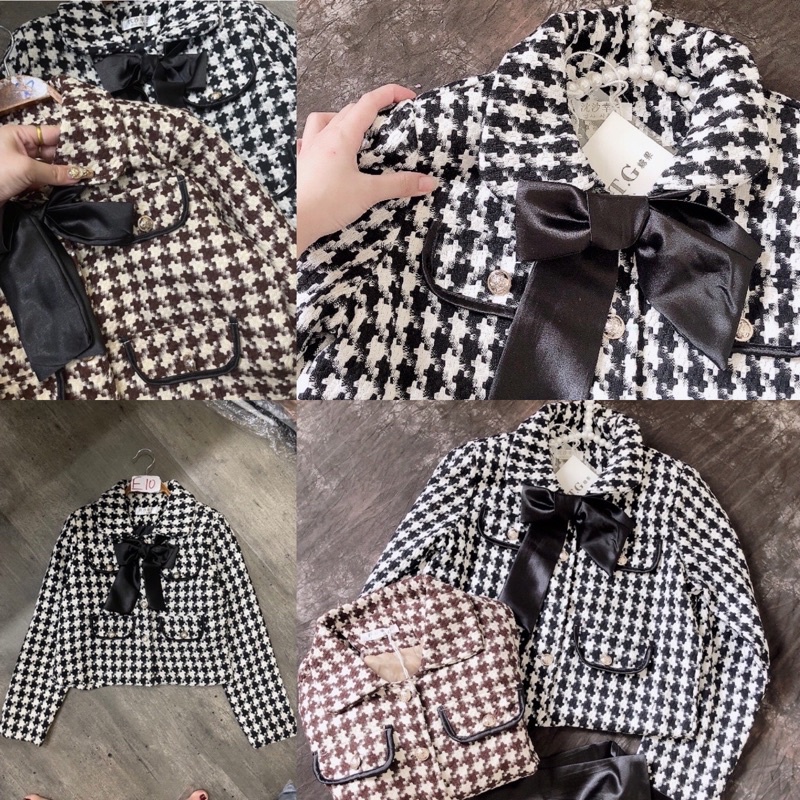 [ Ảnh độc quyền] Áo Khoác Dạ Nữ Vải Tweed Dáng Ngắn Croptop Dài Tay Hoạ Tiết Kẻ Sọc Caro Răng Sói có độn vai kèm nơ
