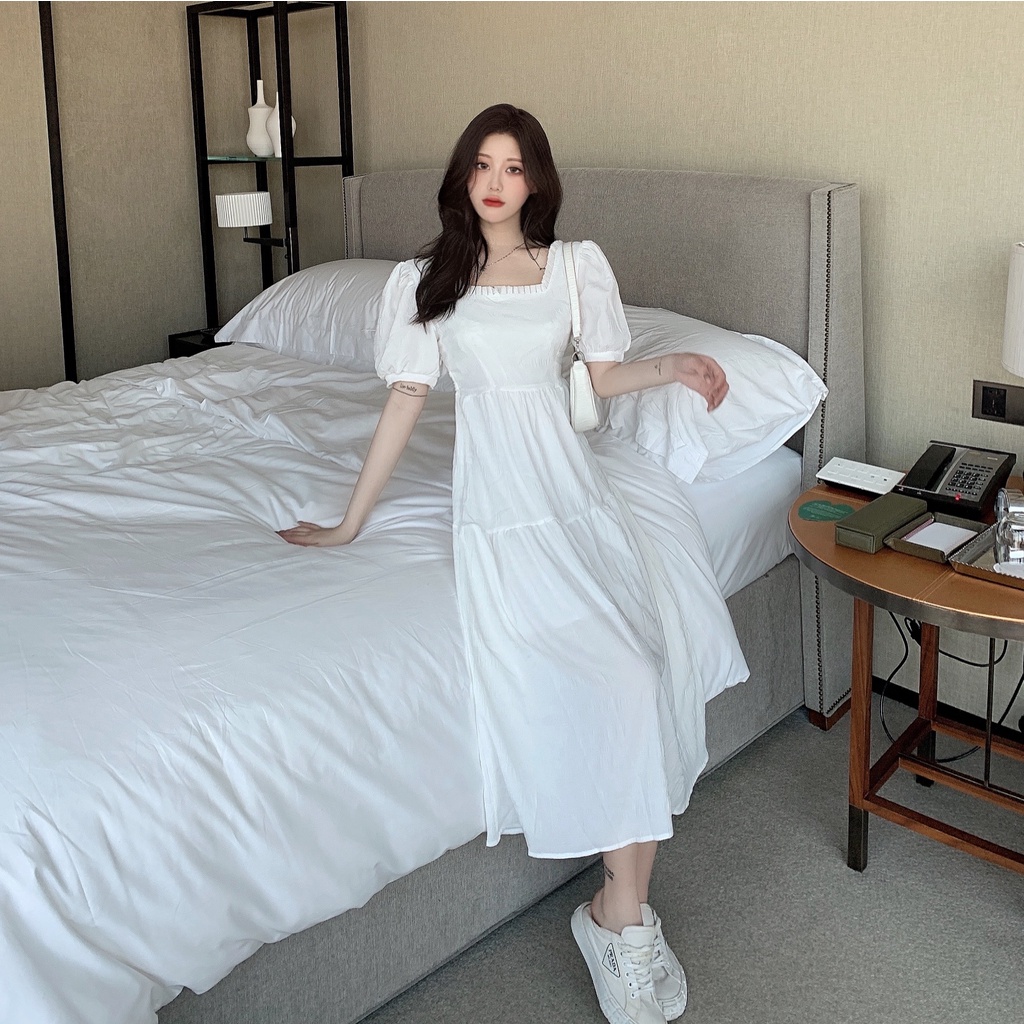 Đầm dáng xòe midi hở lửng tay ngắn Emilyshop