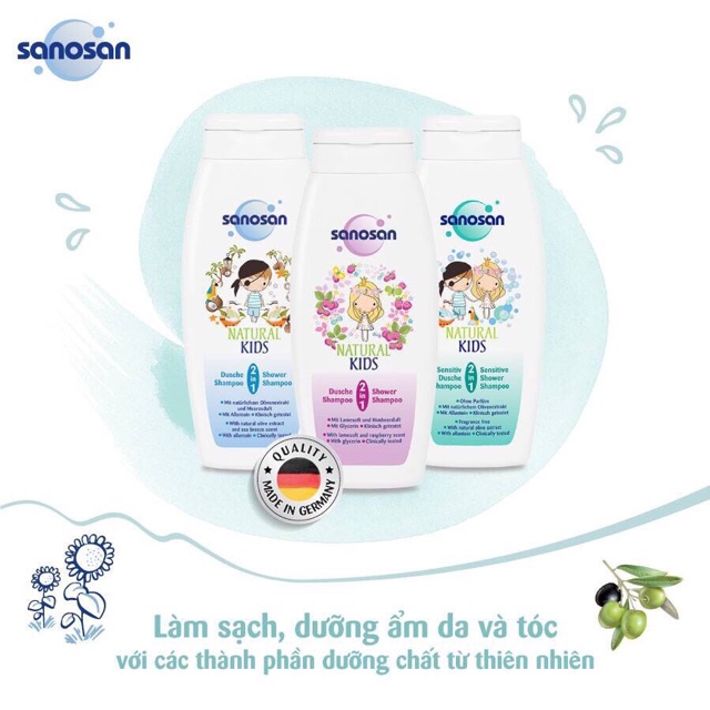 SỮA TẮM GỘI OLIVE DƯỠNG ẨM DA NHẠY CẢM SANOSAN 250ML (CHÍNH HÃNG) CHO BÉ (115355)