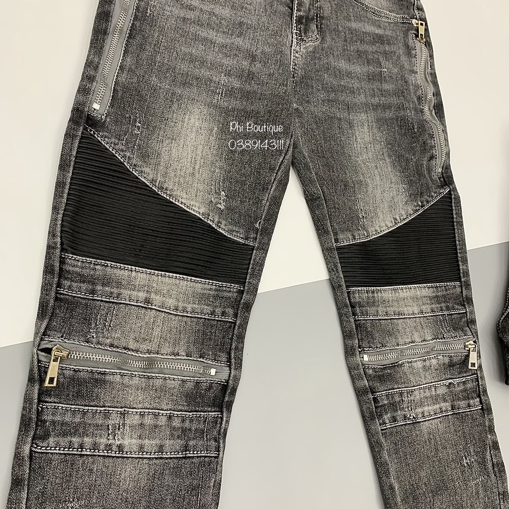 Quần Jean Biker Nam Pha Nhăn Da Khoá Zip Bản Cao Cấp QJ123P