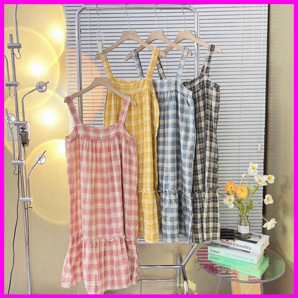 Váy hai dây dáng suông dài sọc caro form chuẩn cao cấp bầu bì bon chen được - P&T House