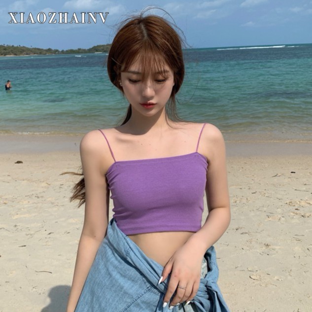 Xiaozhainv Áo hai dây dáng ngắn bó sát hở vai gợi cảm màu trơn