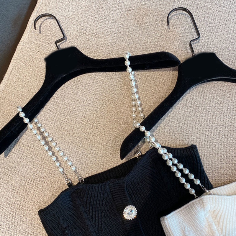 Áo Croptop Dệt Kim Không Tay Dáng Ôm Đính Đá Ngọc Trai Phối Dây Xích Thời Trang Sang Trọng Cho Nữ